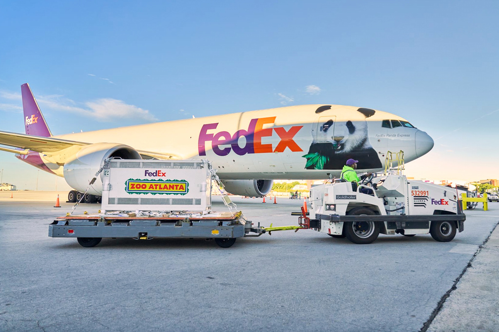 In this photo provided by FedEx, the “FedEx Panda Express” Boeing 777 aircraft arrives at Hartsfield-Jackson International Airport in Atlanta on Sunday, Sept. 27, 2026. (FedEx via AP)