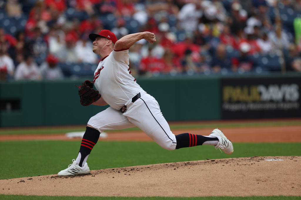 Cleveland Guardians' Parker Messick pitches in the first inning of a baseball game against the Kansas City Royals in Cleveland, Sunday, Aug. 30, 2026. (AP Photo/Tim Phillis)