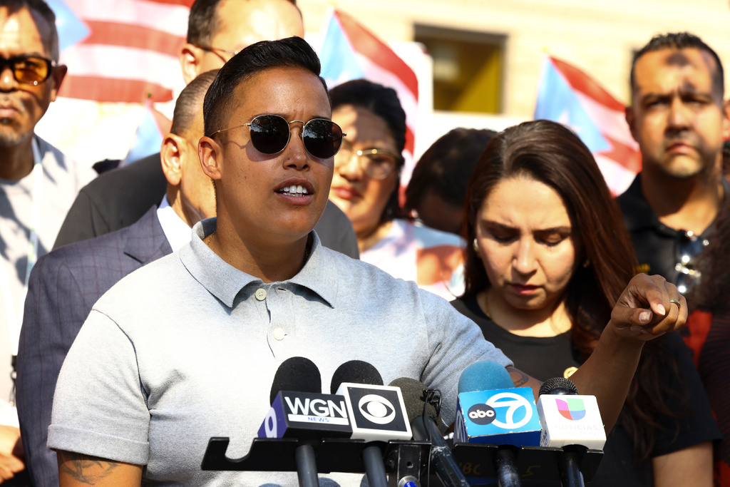 City Council member Jessie Fuentes speaks during a news conference outside Humboldt Park Health in Chicago, Friday, Oct. 3, 2025. (Anthony Vazquez/Chicago Sun-Times via AP)