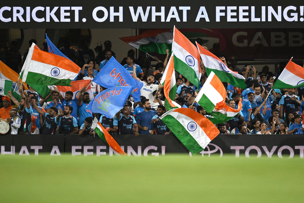 Indian supporters react during a T20 cricket international between India and Australia in Brisbane, Australia, Saturday, Nov.8, 2025. (Darren England/AAPImage via AP)