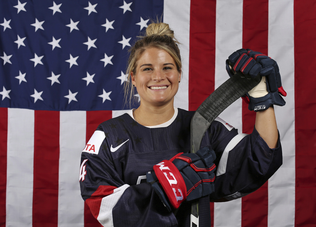 FILE - United States ice hockey player Brianna Decker poses for a portrait at the 2017 Team USA Media Summit Tuesday, Sept. 26, 2017, in Park City, Utah.(AP Photo/Rick Bowmer, File)