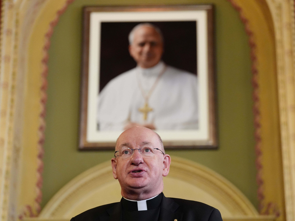 Bishop Richard Moth speaks during a press conference announcing him as the new Archbishop of Westminster, replacing Cardinal Vincent Nichols as the leader of the Catholic Church in England and Wales, in the Throne Room of Archbishop's House, Westminster, London, Friday Dec. 19, 2025. (Jonathan Brady/PA via AP)