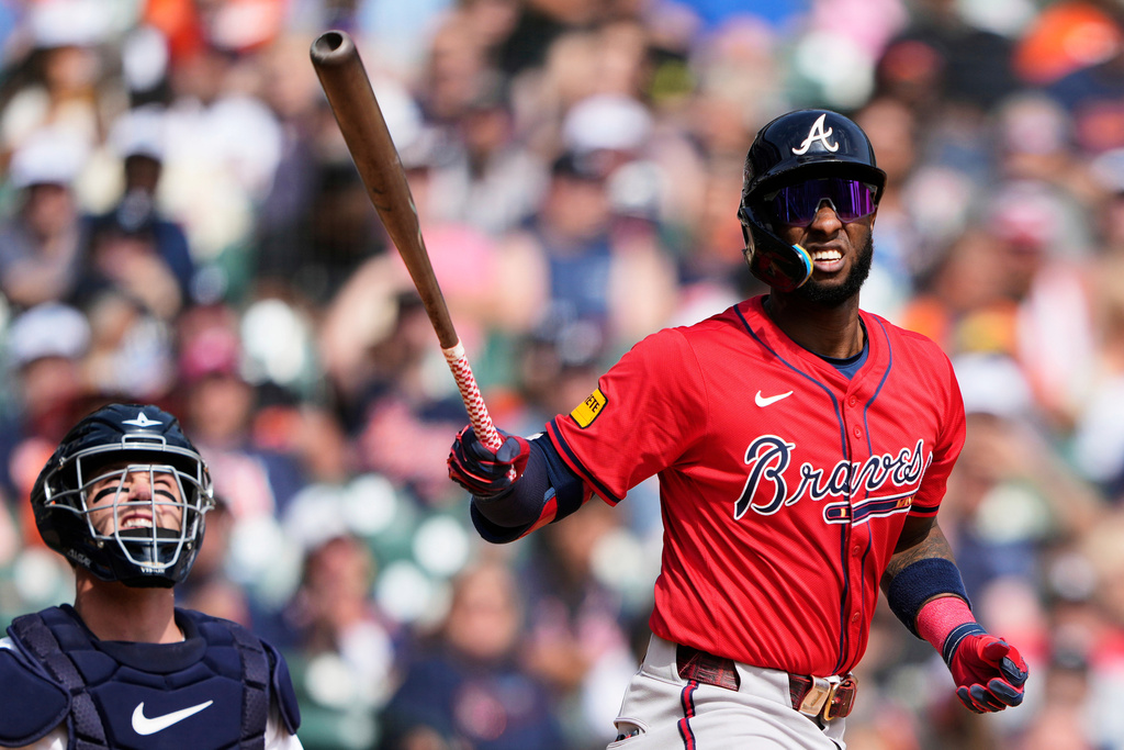 FILE - Atlanta Braves' Jurickson Profar reacts after fouling off a pitch during the fifth inning of a baseball game against the Detroit Tigers, Saturday, Sept. 20, 2025, in Detroit. (AP Photo/Ryan Sun, File)