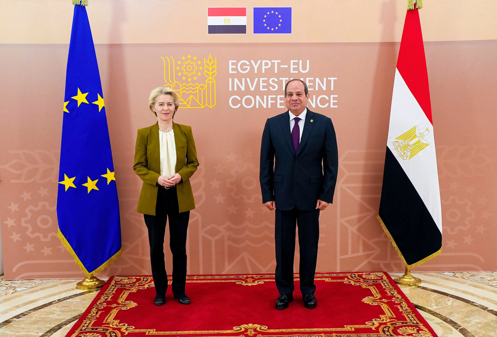 FILE -In this photo provided by Egypt's Presidency Media Office, Egyptian President Abdel-Fattah el-Sissi, and President of the European Commission, Ursula von der Leyen, pose for a photo, during the opening of the EU-Egypt Investment Conference in Cairo, Egypt, June 29, 2024. (Egyptian Presidency Media Office via File)
