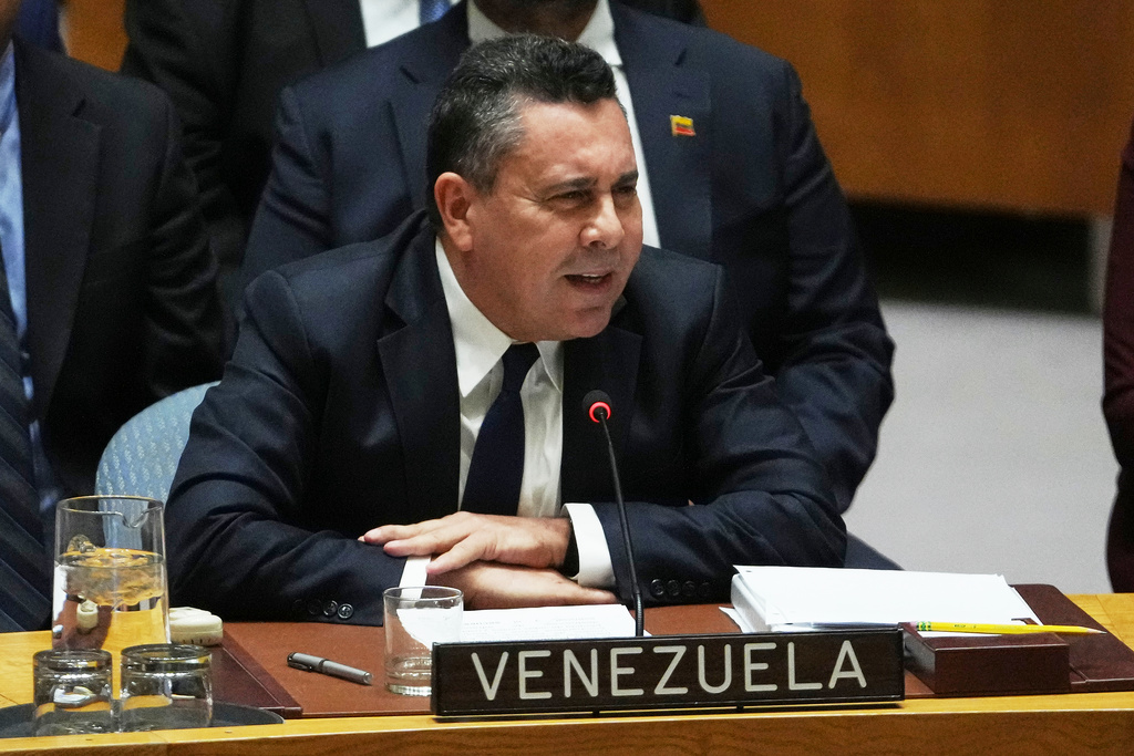 Venezuela's U.N. Ambassador Samuel Moncada speaks during a meeting of the Security Council Monday, Jan. 5, 2026 at U.N. headquarters. (AP Photo/Frank Franklin II)