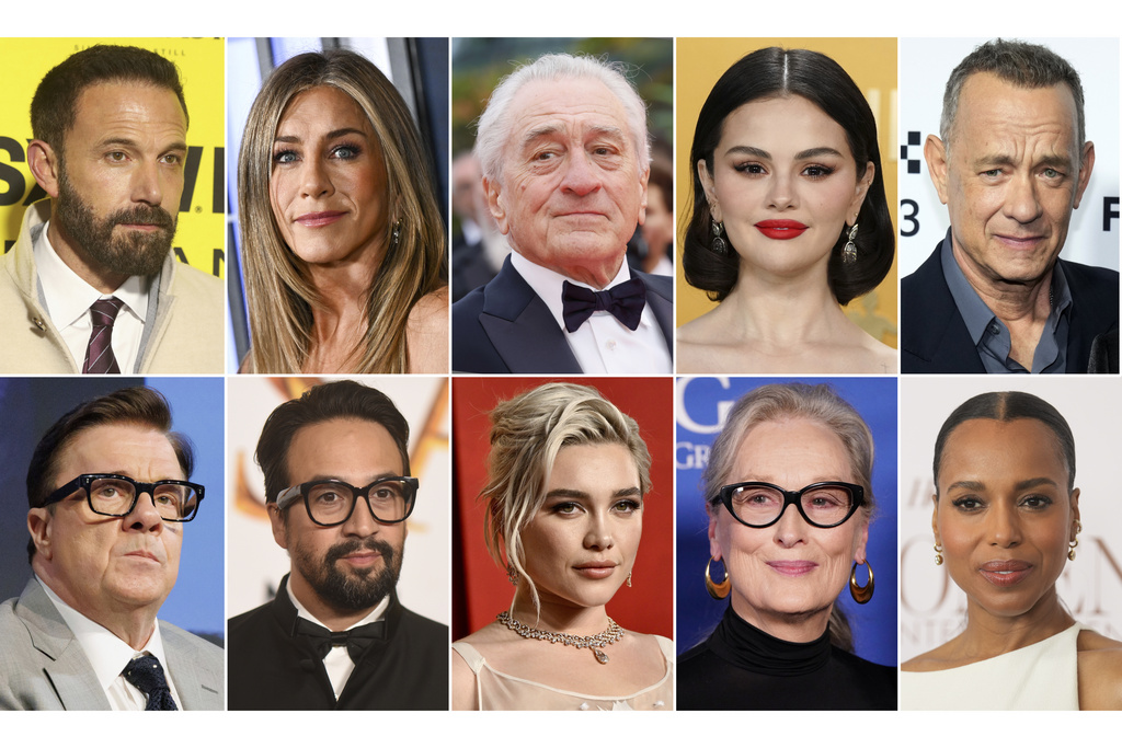 This combination of photos show celebrities, top row from left, Ben Affleck, Jennifer Aniston, Robert De Niro, Selena Gomez, Tom Hanks, bottom row from left, Nathan Lane, Lin-Manuel Miranda, Florence Pugh, Meryl Streep and Kerry Washington. (AP Photo)