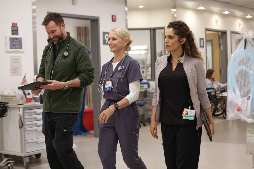This image released by HBO Max shows Noah Wyle, from left, Katherine LaNasa, and Sepideh Moafi in a scene from "The Pitt." (Warrick Page/HBO Max via AP)