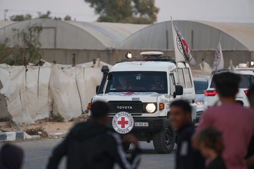 Red Cross vehicles carrying the bodies of two people believed to be deceased hostages handed over by Hamas make their way toward the Kissufim border crossing with Israel, to be transferred to Israeli authorities, in Deir al-Balah, central Gaza Strip, Thursday, Oct. 30, 2025. (AP Photo/Abdel Kareem Hana) Red Cross vehicles carrying the bodies of two people believed to be deceased hostages handed over by Hamas make their way toward the Kissufim border crossing with Israel, to be transferred to Israeli authorities, in Deir al-Balah, central Gaza Strip, Thursday, Oct. 30, 2025. (AP Photo/Abdel Kareem Hana)