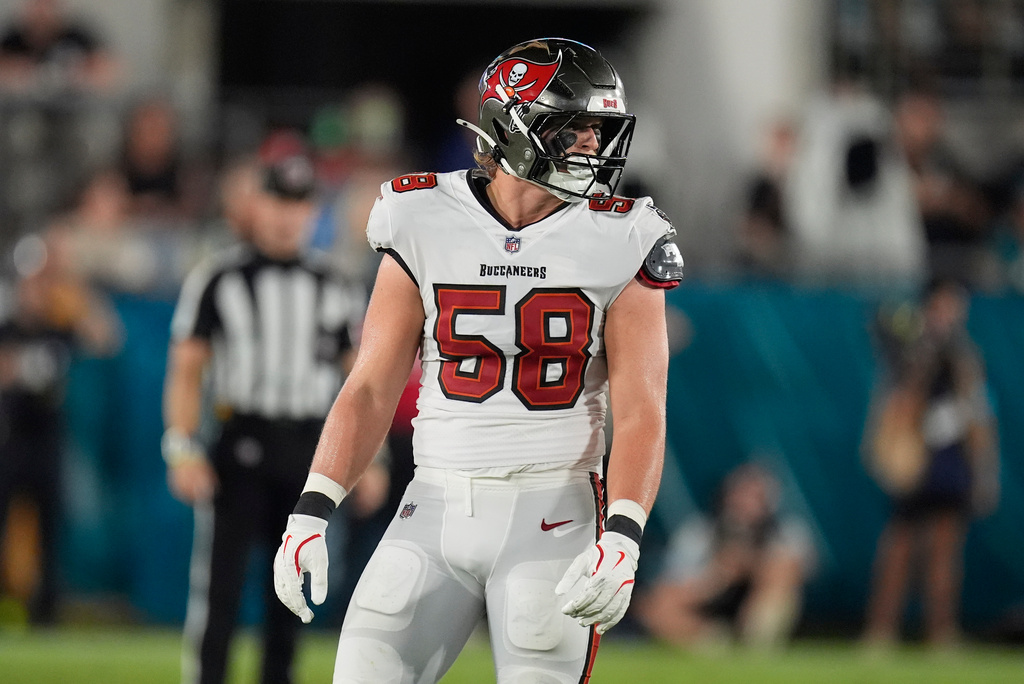Tampa Bay Buccaneers linebacker Jack Pyburn (58) looks on during the first half of an NFL preseason football game against the Jacksonville Jaguars, Friday, Aug. 28, 2026, in Jacksonville, Fla. (AP Photo/Mike Stewart)