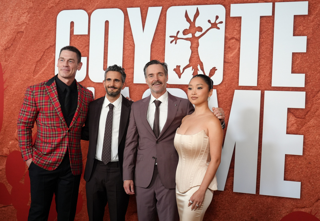 Dave Green, second from left, director of the film "Coyote vs. Acme," poses with cast members, from left, John Cena, Will Forte and Lana Condor at the premiere of the film on Wednesday, Aug. 26, 2026, at the Fox Westwood Village Theatre in Los Angeles. (AP Photo/Chris Pizzello)