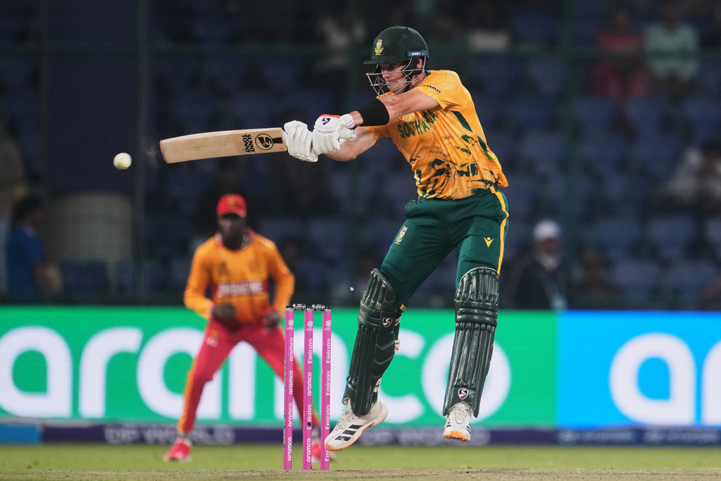 South Africa's Tristan Stubbs plays a shot during the T20 World Cup cricket match between South Africa and Zimbabwe in New Delhi, India, Sunday, March 1, 2026. (AP Photo/Manish Swarup)