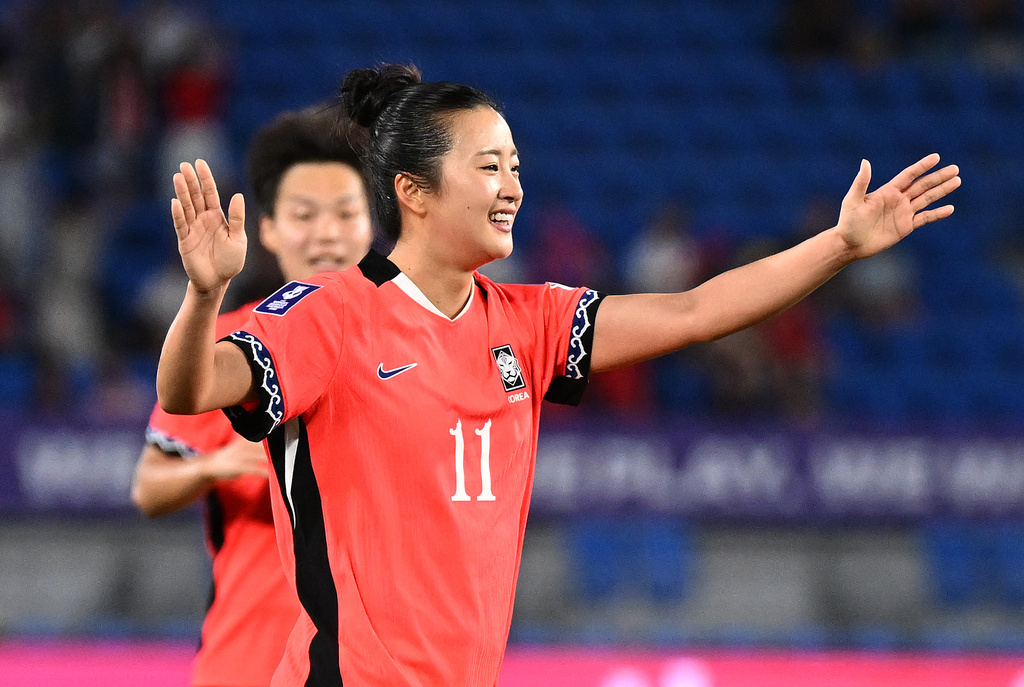 South Korea's Choe Yu-ri reacts after scoring her team's first goal during the Women's Asia Cup soccer match between Iran and South Korea on the Gold Coast, Australia, Monday, March 2, 2026. (Dave Hunt/AAPImage via AP)