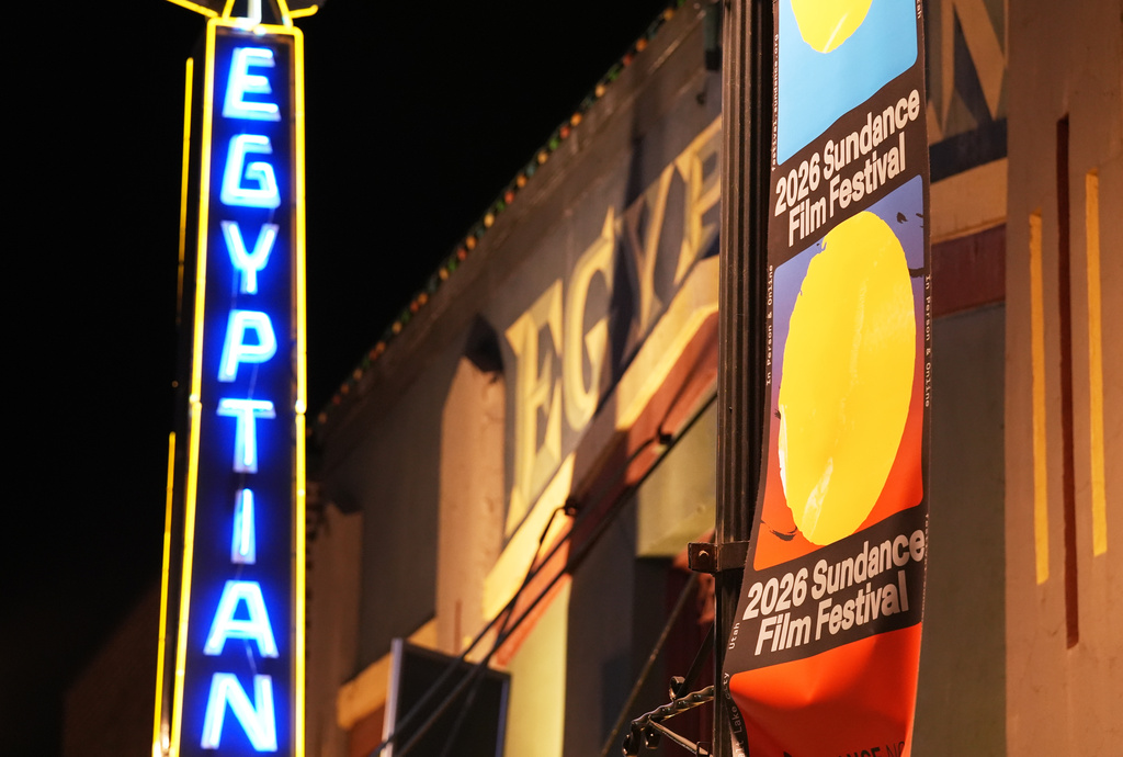 A banner for the 2026 Sundance Film Festival hangs near the Egyptian Theatre before the start of the festival on Wednesday, Jan. 21, 2026, in Park City, Utah. (AP Photo/Chris Pizzello)