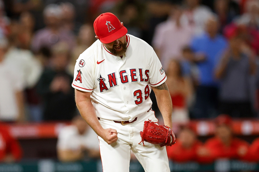 Los Angeles Angels relief pitcher Kirby Yates reacts after throwing out the last batter on the Athletics during the ninth inning of a baseball game Saturday, June 27, 2026, in Anaheim, Calif. (AP Photo/Caroline Brehman)