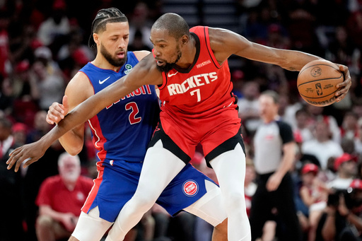 Houston Rockets forward Kevin Durant (7) dribbles as Detroit Pistons guard Cade Cunningham (2) defends during the first half of an NBA basketball game Friday, Oct. 24, 2025, in Houston. (AP Photo/Eric Christian Smith) Houston Rockets forward Kevin Durant (7) dribbles as Detroit Pistons guard Cade Cunningham (2) defends during the first half of an NBA basketball game Friday, Oct. 24, 2025, in Houston. (AP Photo/Eric Christian Smith)