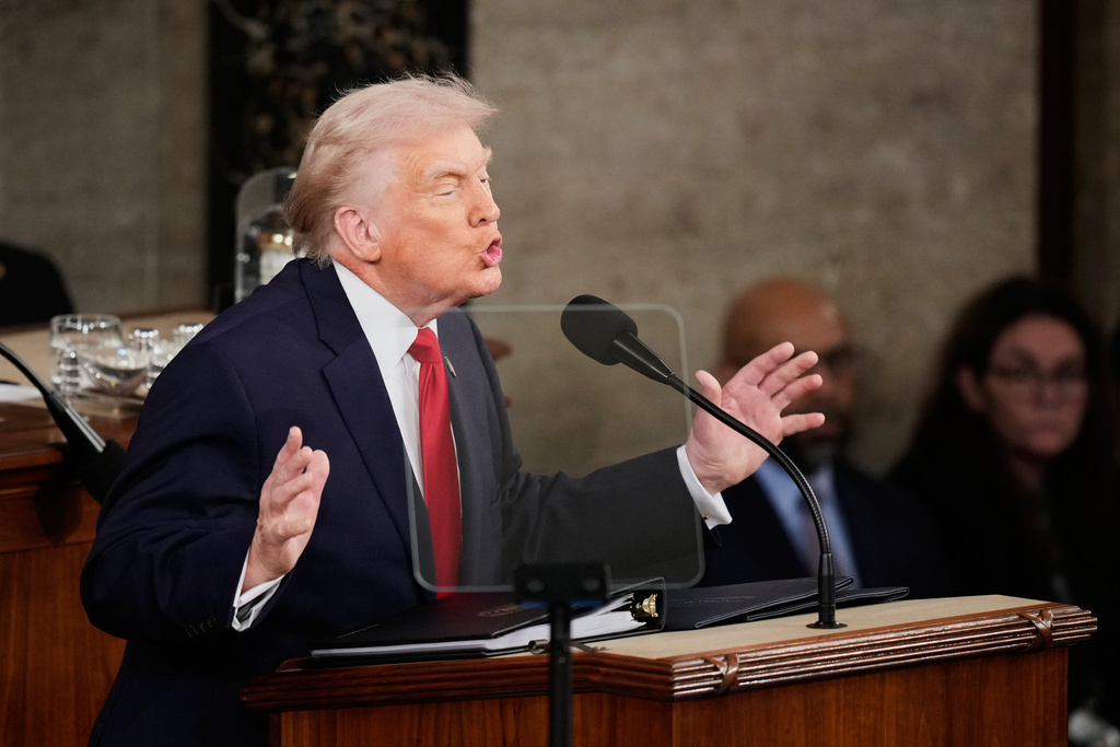 President Donald Trump delivers his State of the Union address to a joint session of Congress in the House chamber at the U.S. Capitol in Washington, Tuesday, Feb. 24, 2026. (AP Photo/Alex Brandon)