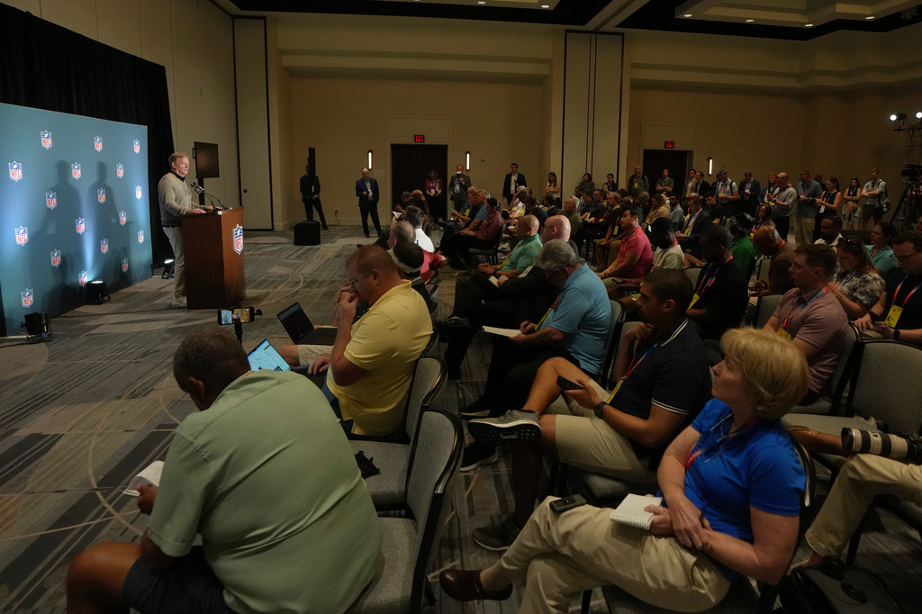 NFL Commissioner Roger Goodell speaks during a news conference at the NFL football annual meetings, Tuesday, March 31, 2026, in Phoenix. (AP Photo/Ross D. Franklin)