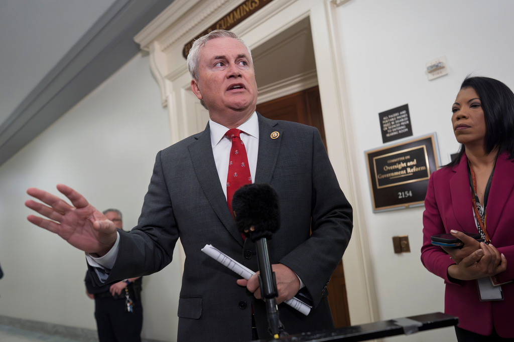 House Oversight Committee Chairman James Comer, R-Ky., speaks to reporters before questioning Commerce Secretary Howard Lutnick as part of the panel's investigation of convicted sex offender Jeffrey Epstein, at the Capitol in Washington, Wednesday, May 6, 2026. (AP Photo/J. Scott Applewhite)