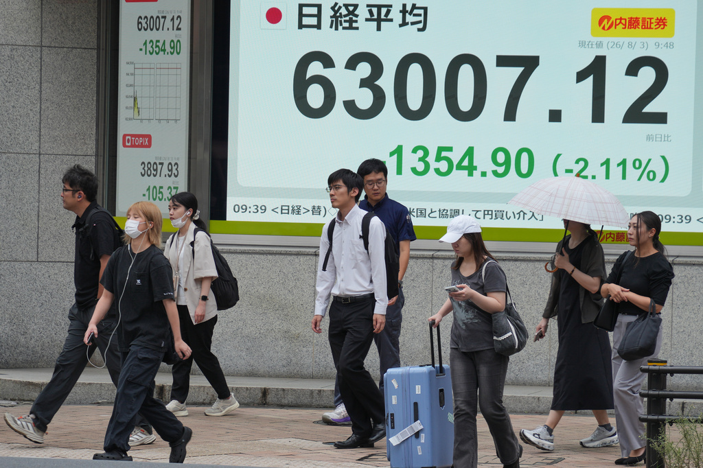 People walk past an electronic board showing Japan's Nikkei index at a securities firm in Tokyo on Monday, Aug. 3, 2026. (AP Photo/Eugene Hoshiko)