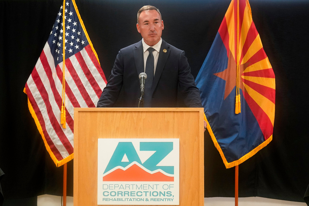 ADCRR Deputy Director John Barcello speaks about the execution of inmate Richard Djerf at the Arizona State Prison, Friday, Oct. 17, 2025 in Florence, Ariz. (AP Photo/Darryl Webb)