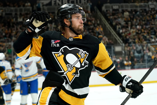 Pittsburgh Penguins' Parker Wotherspoon celebrates after scoring during the second period of an NHL hockey game against the St. Louis Blues, Monday, Oct. 27, 2025, in Pittsburgh. (AP Photo/Matt Freed) Pittsburgh Penguins' Parker Wotherspoon celebrates after scoring during the second period of an NHL hockey game against the St. Louis Blues, Monday, Oct. 27, 2025, in Pittsburgh. (AP Photo/Matt Freed)