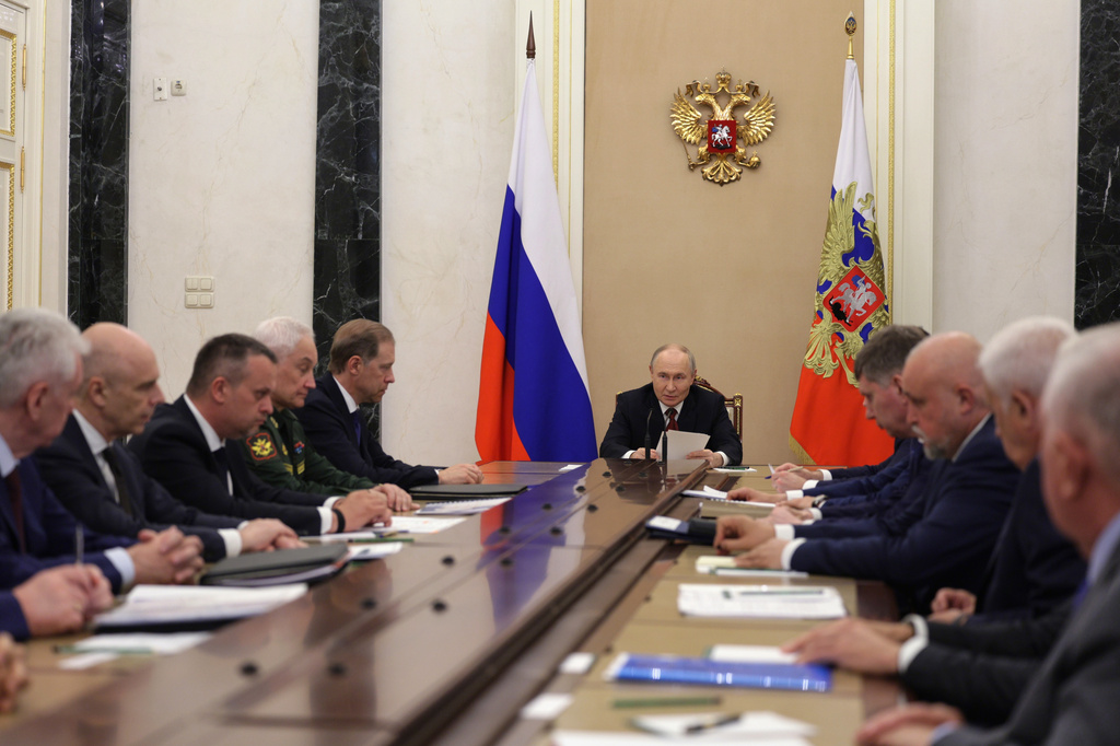 Russian President Vladimir Putin, center, chairs a meeting on domestic fuel supplies at the Kremlin in Moscow, Sunday, June 28, 2026. (Gavriil Grigorov/Sputnik, Kremlin Pool Photo via AP)