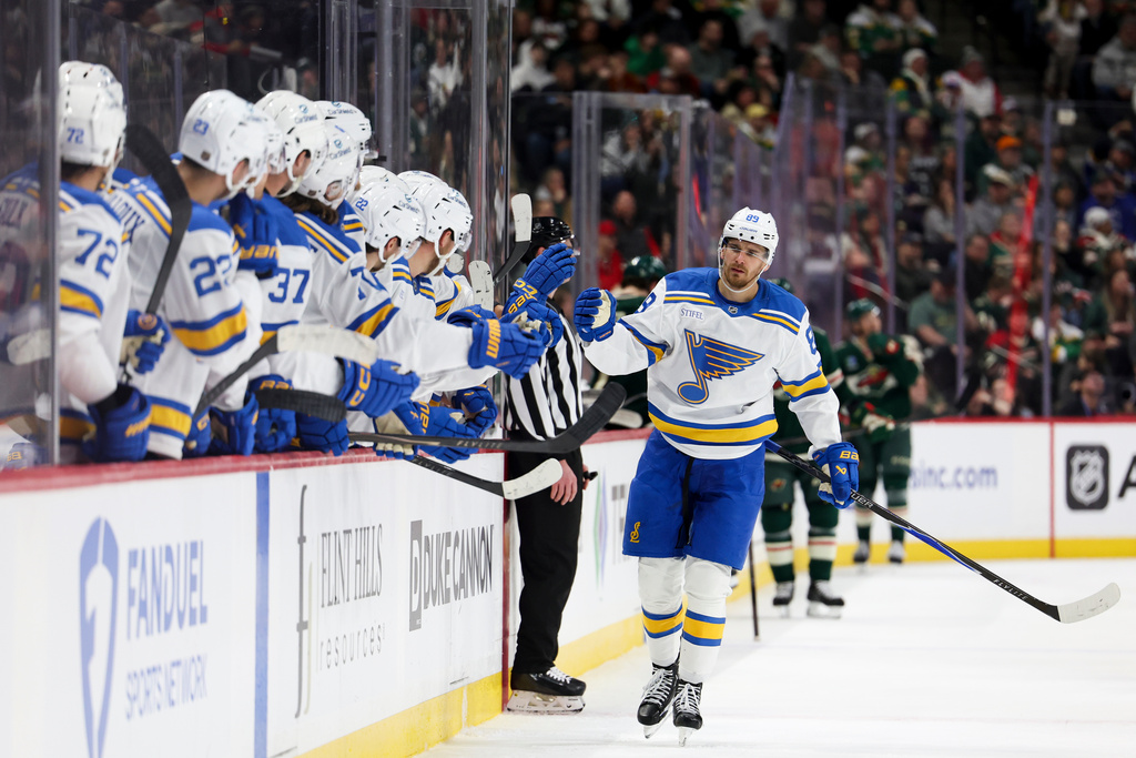 St. Louis Blues left wing Pavel Buchnevich celebrates at the bench after scoring a goal during the third period of an NHL hockey game against the Minnesota Wild, Sunday, March 1, 2026, in St. Paul, Minn. (AP Photo/Ellen Schmidt)