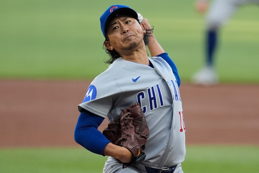 Chicago Cubs pitcher Shota Imanaga, of Japan, works on the mound against the Atlanta Braves in the first inning of a baseball game, Wednesday, May 13, 2026, in Atlanta. (AP Photo/Mike Stewart)