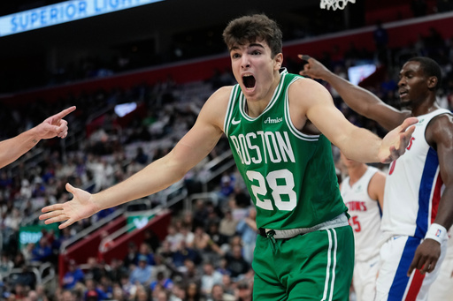 Boston Celtics guard Hugo Gonzalez (28) reacts during the first half of an NBA basketball game against the Detroit Pistons, Sunday, Oct. 26, 2025, in Detroit. (AP Photo/Ryan Sun) Boston Celtics guard Hugo Gonzalez (28) reacts during the first half of an NBA basketball game against the Detroit Pistons, Sunday, Oct. 26, 2025, in Detroit. (AP Photo/Ryan Sun)