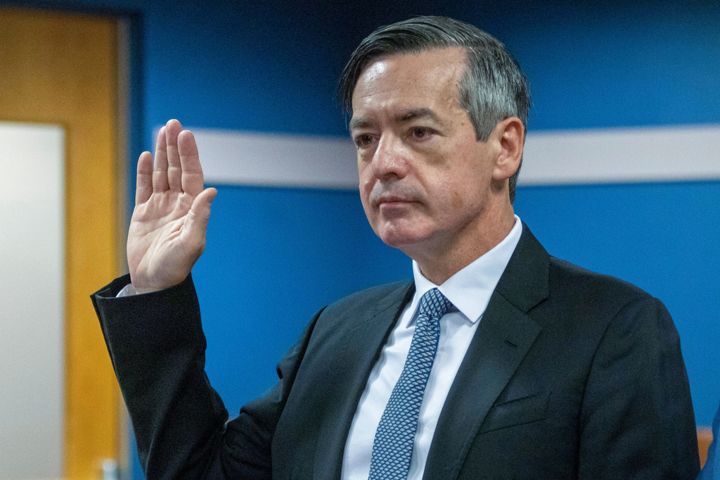 FILE - Lawyer Kenneth Chesebro is sworn in during a plea deal hearing, Oct. 20, 2023, at the Fulton County Courthouse in Atlanta. (Alyssa Pointer/Pool Photo via AP, File)