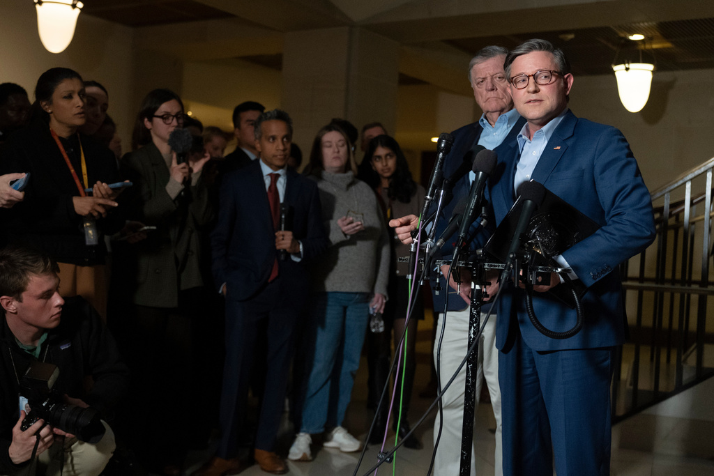 House Speaker Mike Johnson of La., speaks to reporters following a House and Senate Intelligence Committee briefing about the Iran war at the Capitol in Washington, Monday, March 2, 2026. (AP Photo/Manuel Balce Ceneta)