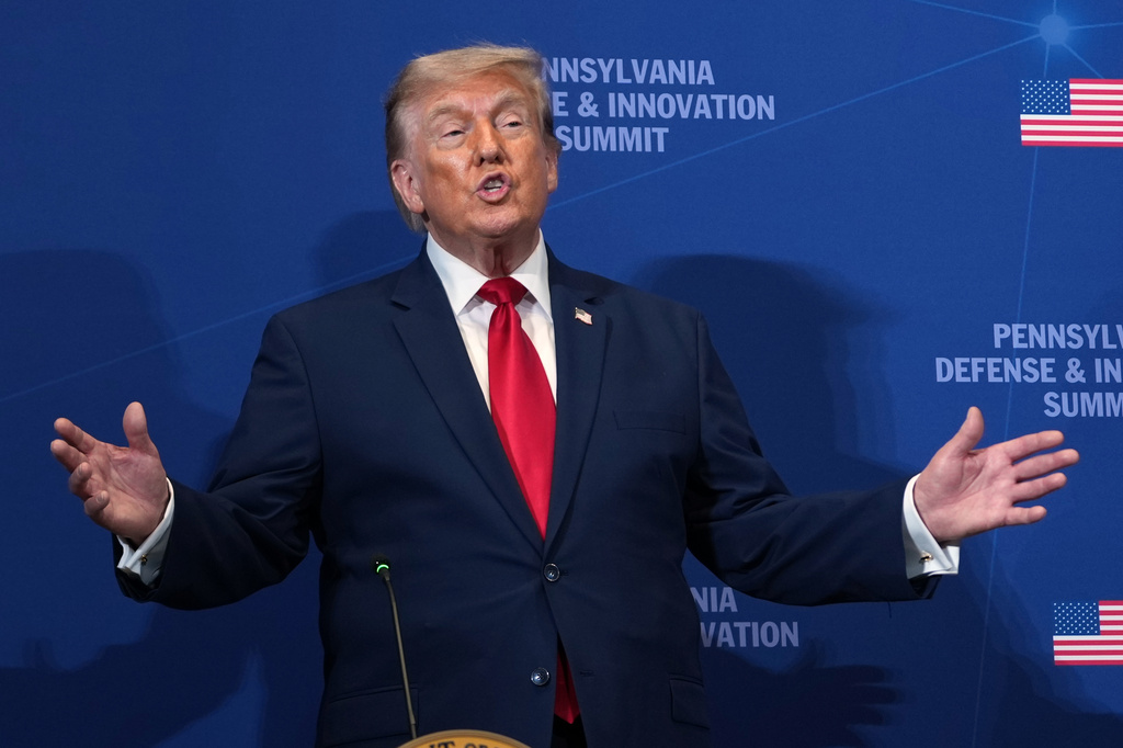 President Donald Trump speaks at the United States Army War College in Carlisle, Pa., during the Pennsylvania Defense and Innovation Summit, Wednesday, July 15, 2026. (AP Photo/Julia Demaree Nikhinson)