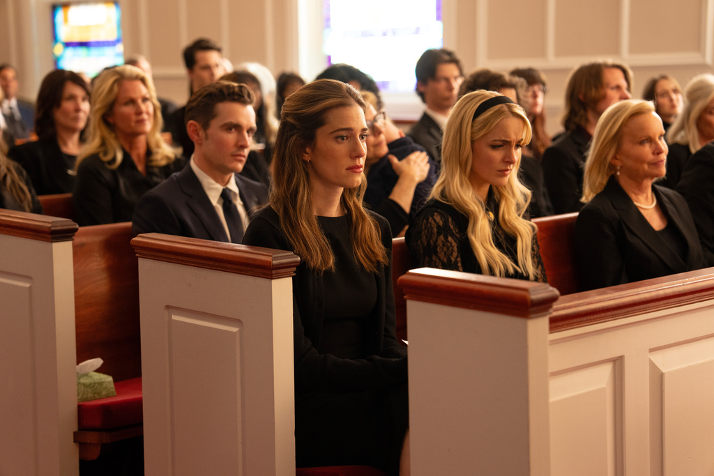This image released by Paramount Pictures shows Dave Franco, foreground from left, Allison Williams, and McKenna Grace in a scene from "Regretting You." (Jessica Miglio/Paramount Pictures via AP)