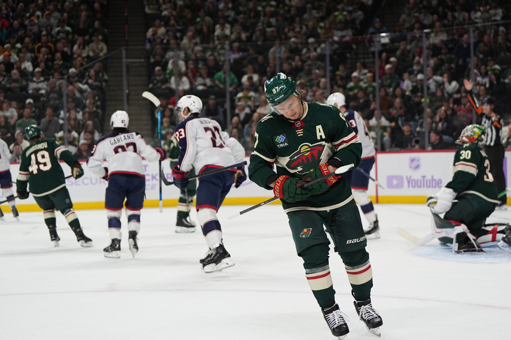 Minnesota Wild left wing Kirill Kaprizov (97) skates after a goal by Columbus Blue Jackets center Adam Fantilli (not shown) during the first period of an NHL hockey game, Sunday, Oct. 18, 2026, in St. Paul, Minn. (AP Photo/Abbie Parr)