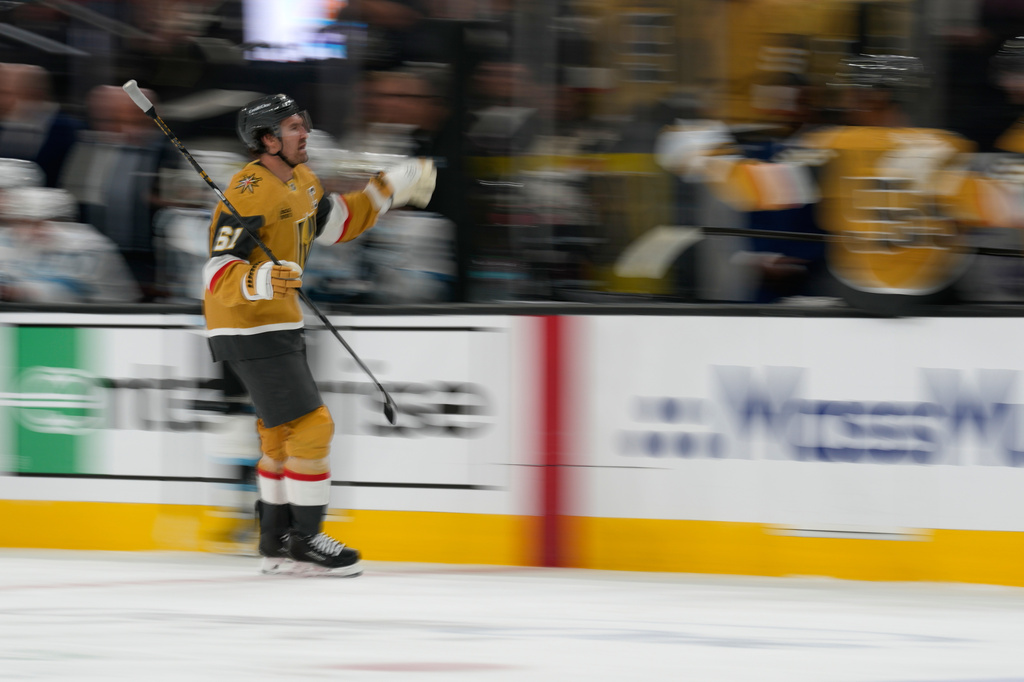 Vegas Golden Knights right wing Mark Stone (61) celebrates after scoring against the Utah Mammoth during the third period in Game 1 of a first-round NHL hockey Stanley Cup playoff series Sunday, April 19, 2026, in Las Vegas. (AP Photo/John Locher)