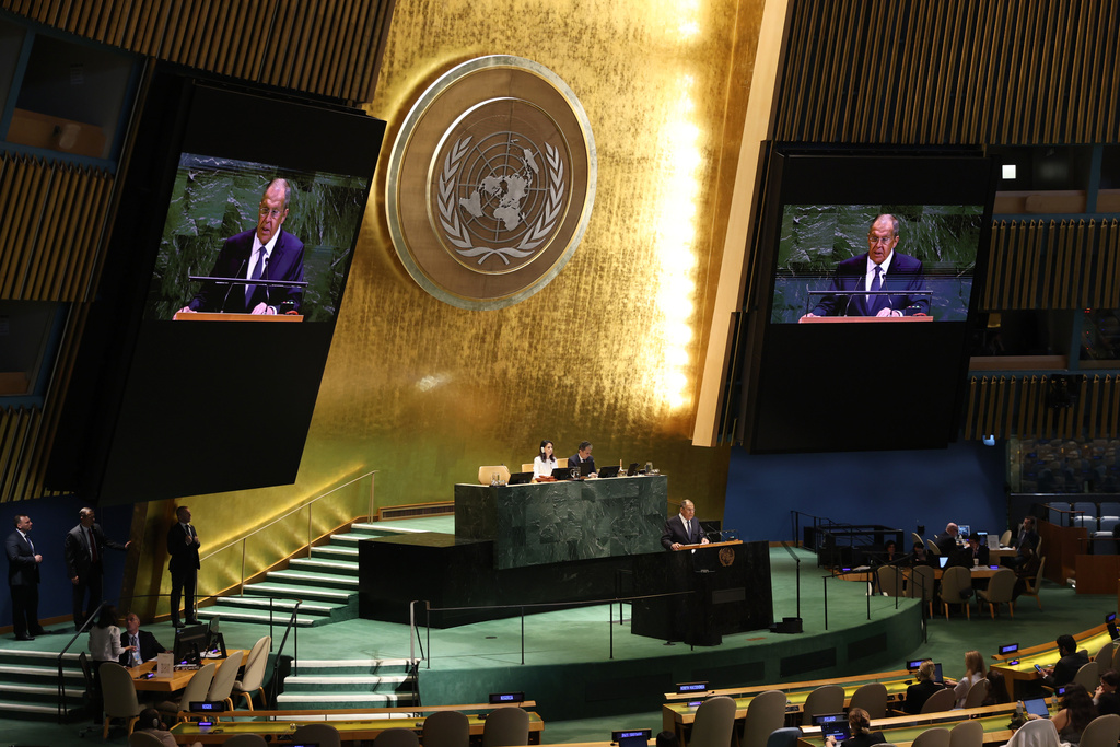 Minister for Foreign Affairs of Russia Sergey Lavrov addresses the 80th session of the United Nations General Assembly, Saturday, Sept. 27, 2025, at U.N. headquarters. (AP Photo/Pamela Smith)