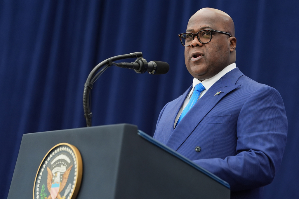 FILE - Democratic Republic of the Congo President Felix Tshisekedi speaks during a ceremony at the U.S. Institute of Peace, Dec. 4, 2025, in Washington. (AP Photo/Evan Vucci, File)