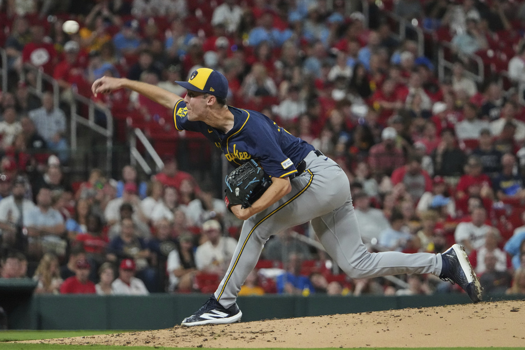 Milwaukee Brewers starting pitcher Jacob Misiorowski throws during the first inning of a baseball game against the St. Louis Cardinals Friday, Sept. 19, 2025, in St. Louis. (AP Photo/Jeff Roberson)