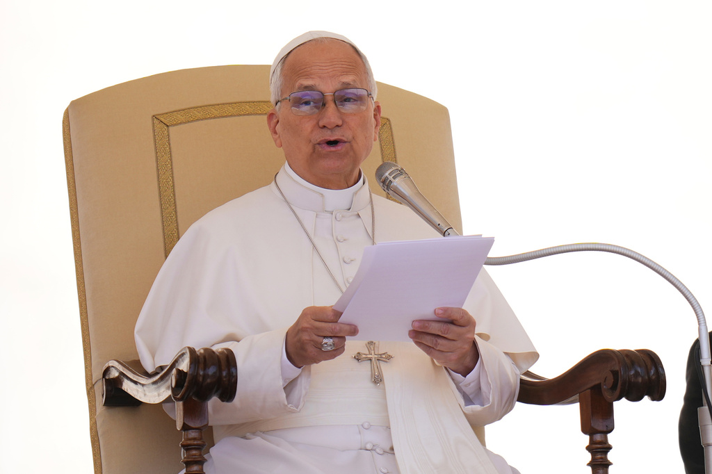 Pope Leo XIV holds his weekly general audience in St. Peter's Square at The Vatican, Wednesday, Wednesday, April 29, 2026. (AP Photo/Alessandra Tarantino)