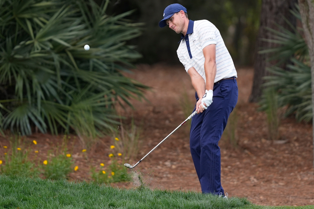 Ludvig Aberg of Sweden, hits on the second hole during the final round of The Players Championship golf tournament, Sunday, March 15, 2026, in Ponte Vedra Beach, Fla. (AP Photo/Gerald Herbert)