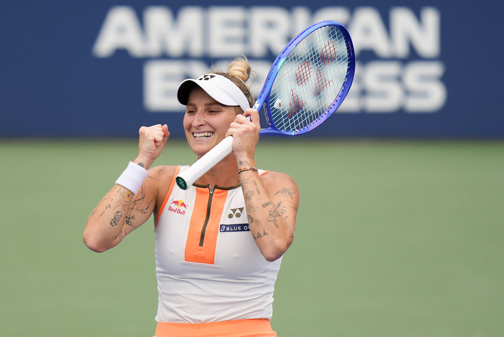 FILE - Marketa Vondrousova, of the Czech Republic, reacts after defeating Jasmine Paolini, of Italy, during the third round of the U.S. Open tennis championships, Friday, Aug. 29, 2025, in New York. (AP Photo/Seth Wenig, file)