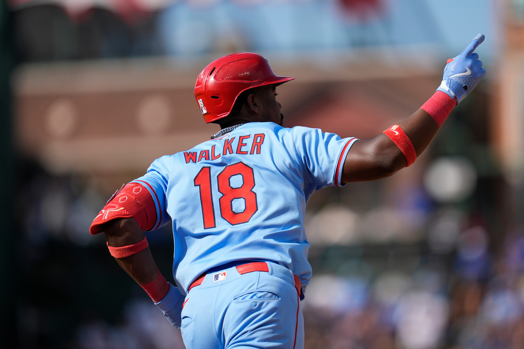St. Louis Cardinals' Jordan Walker (18) runs the bases after hitting a two-run home run during the seventh inning of a baseball game against the Chicago Cubs, Saturday, Sept. 27, 2025, in Chicago. (AP Photo/Erin Hooley)
