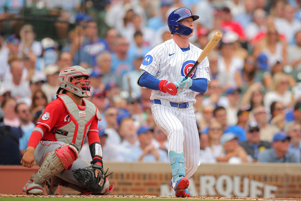 Chicago Cubs' Pete Crow-Armstrong watches his home run during the first inning of a baseball game against the Cincinnati Reds, Saturday, Aug. 29, 2026, in Chicago. (AP Photo/Melissa Tamez)