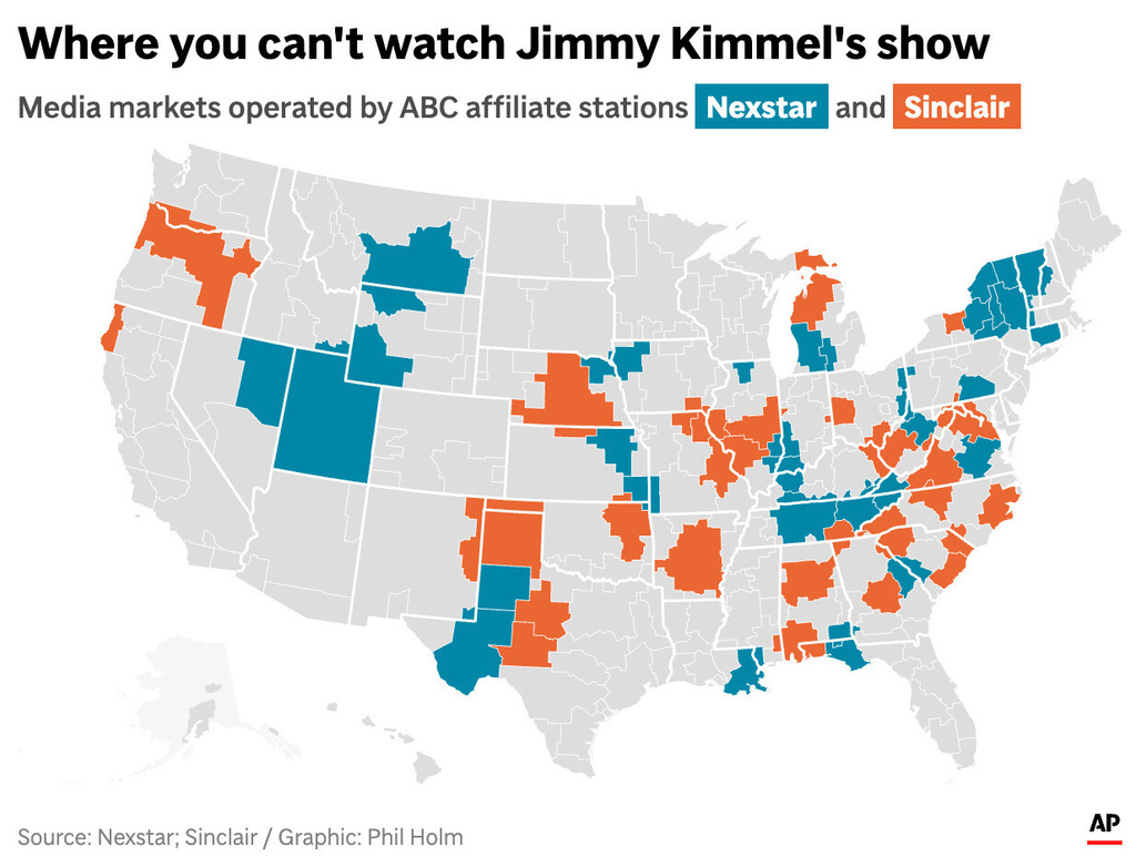 The map above highlights the media markets where ABC affiliates have refused to air the Jimmy Kimmel show. (AP Digital Embed)