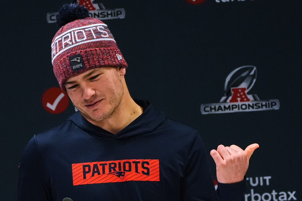 New England Patriots quarterback Drake Maye answers a question during a football availability, Friday, Jan. 23, 2026, in Foxborough, Mass. (AP Photo/Charles Krupa)
