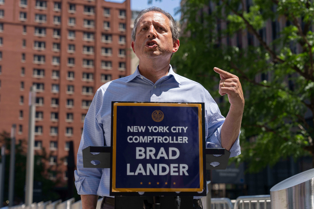 FILE - New York City Comptroller Brad Lander speaks during a press conference outside outside the Jacob K. Javits Federal Building, Wednesday, July 16, 2025, in New York. (AP Photo/Yuki Iwamura, File)