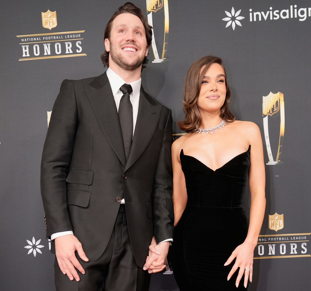 FILE - Josh Allen, of the Buffalo Bills, and his fiancé, Hailee Steinfeld, pose on the red carpet at the NFL Honors award show ahead of the Super Bowl 59 football game, Feb. 6, 2025, in New Orleans. (AP Photo/Gerald Herbert, File)