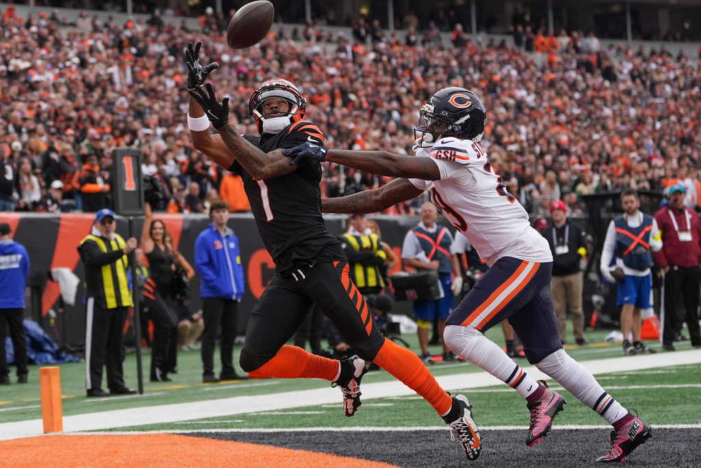 Cincinnati Bengals wide receiver Ja'Marr Chase (1) tries to catch a pass under pressure from Chicago Bears cornerback Tyrique Stevenson (29) during the first half of an NFL football game, Sunday, Nov. 2, 2025, in Cincinnati. (AP Photo/Joshua A. Bickel)