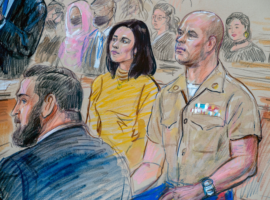 FILE - This artist sketch depicts Marine Maj. Joshua Mast and his wife, Stephanie, listening during a Circuit Court hearing before Judge Claude V. Worrell Jr., Thursday, March 30, 2023, in Charlottesville, Va. (Dana Verkouteren via AP)