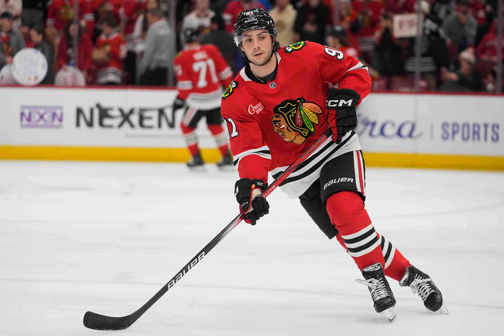 FILE - Chicago Blackhawks center Frank Nazar warms up before an NHL hockey game against the Dallas Stars, Dec. 29, 2024, in Chicago. (AP Photo/Erin Hooley, File)